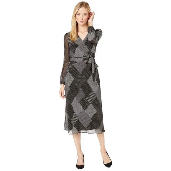 NWT Ralph Lauren Faux-Wrap Midi Dress Long Sleeve Tie Waist Geometric Size 16 - Picture 2 of 13